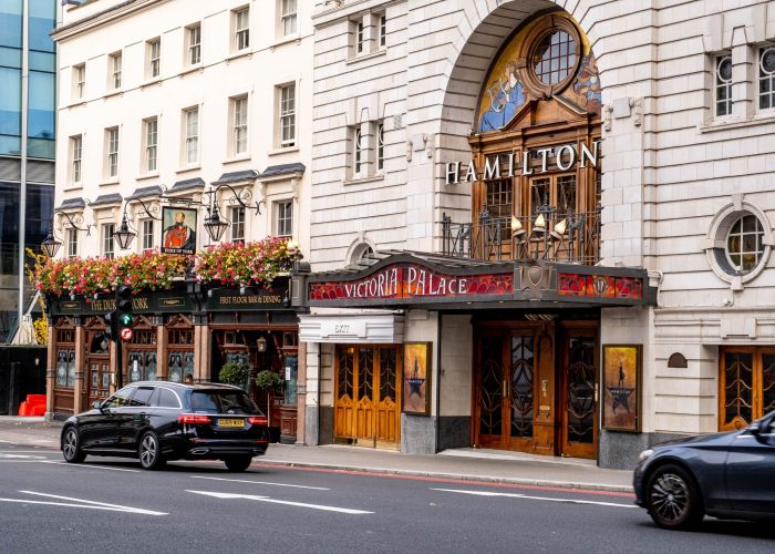 Victoria London England UK, November 21 2021, Victoria Palace Theatre Showing Hamilton Front Entrance Doors And Building Exterior